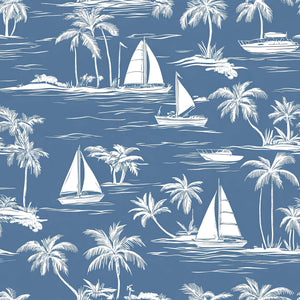Coastal wallpaper featuring sketch sailboats and palm trees on a blue background, ideal for nautical or beach-themed decor.