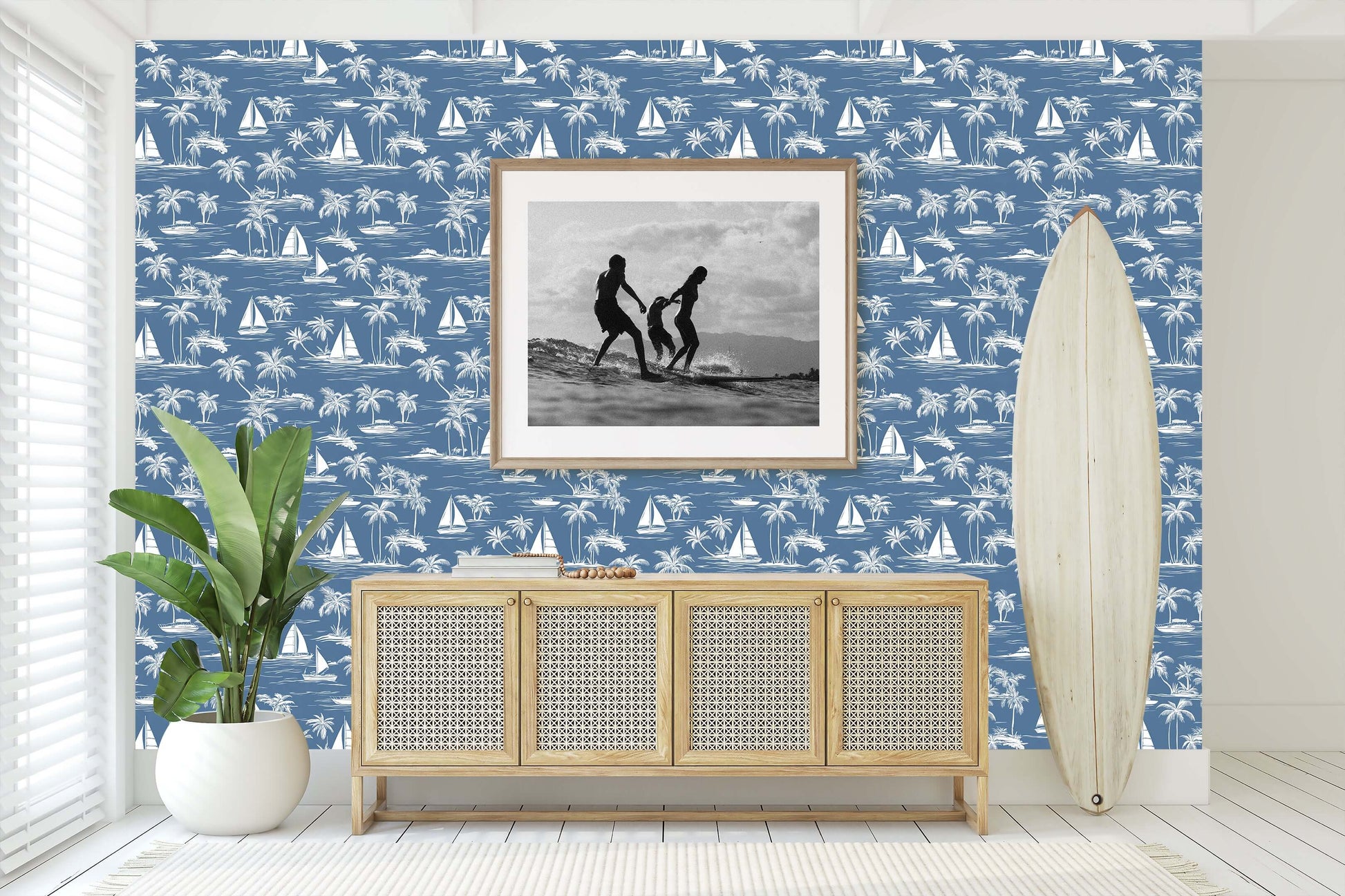 Sail Away Wallpaper featuring coastal design with sketch sailboats, palm trees, and a serene blue background perfect for nautical decor.