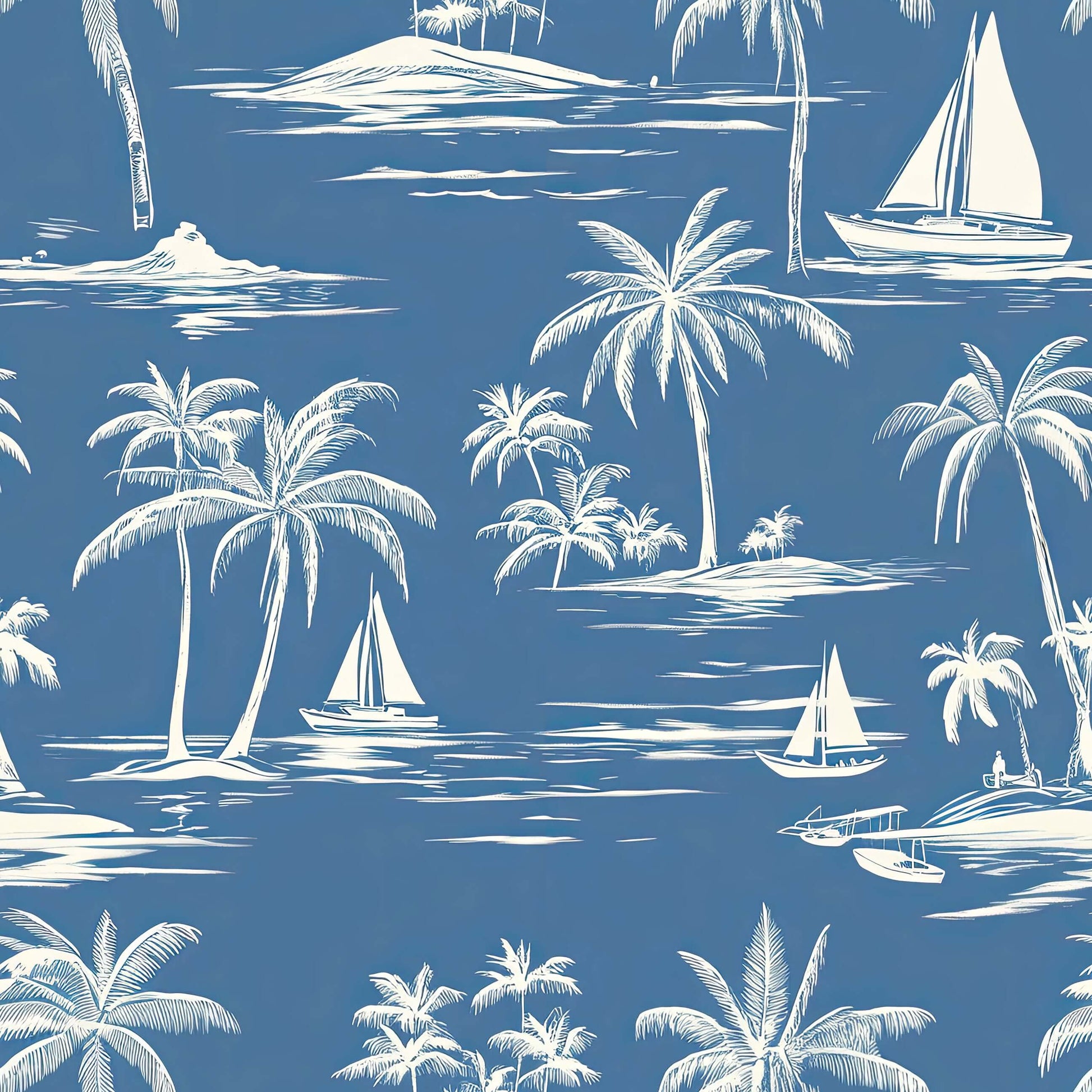 Elegant coastal wallpaper featuring swaying palm trees, sailboats, and serene sea. Ideal for beach and nautical-themed spaces.
