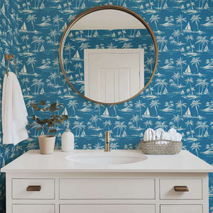 Bathroom with Palm Paradise wallpaper featuring palm trees, boats, and a nautical design, ideal for coastal and beach-themed spaces.