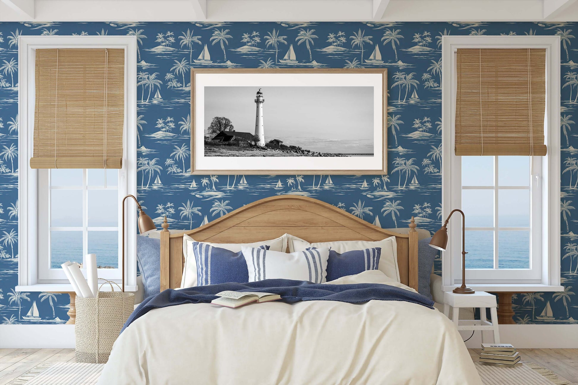 Bedroom with "Palm Paradise" coastal wallpaper featuring palm trees and boats, enhancing a serene beach house decor with French toile style.