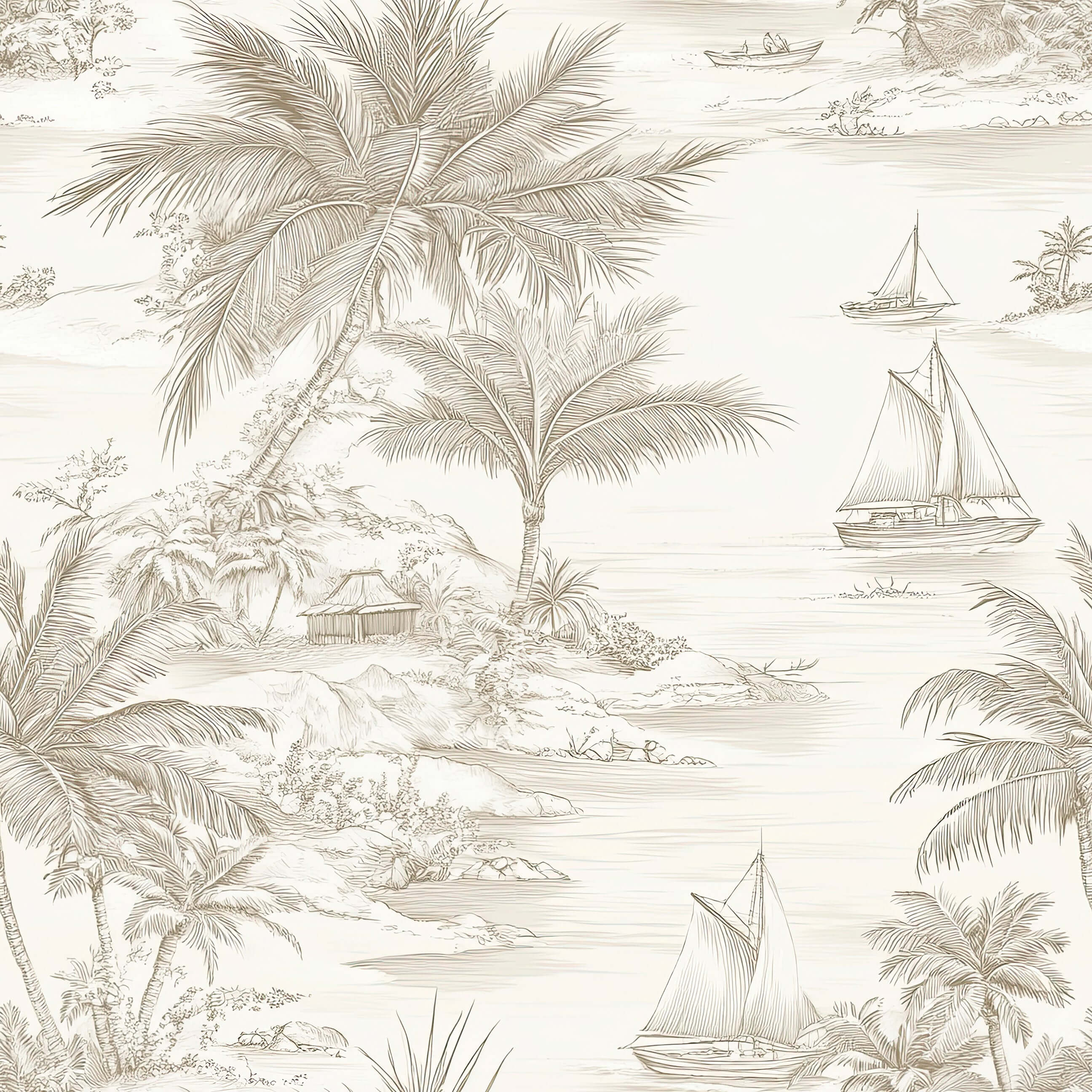 Toile-style wallpaper featuring sailboats, palm trees, and coastal huts in soft neutrals for a French toile beach aesthetic.