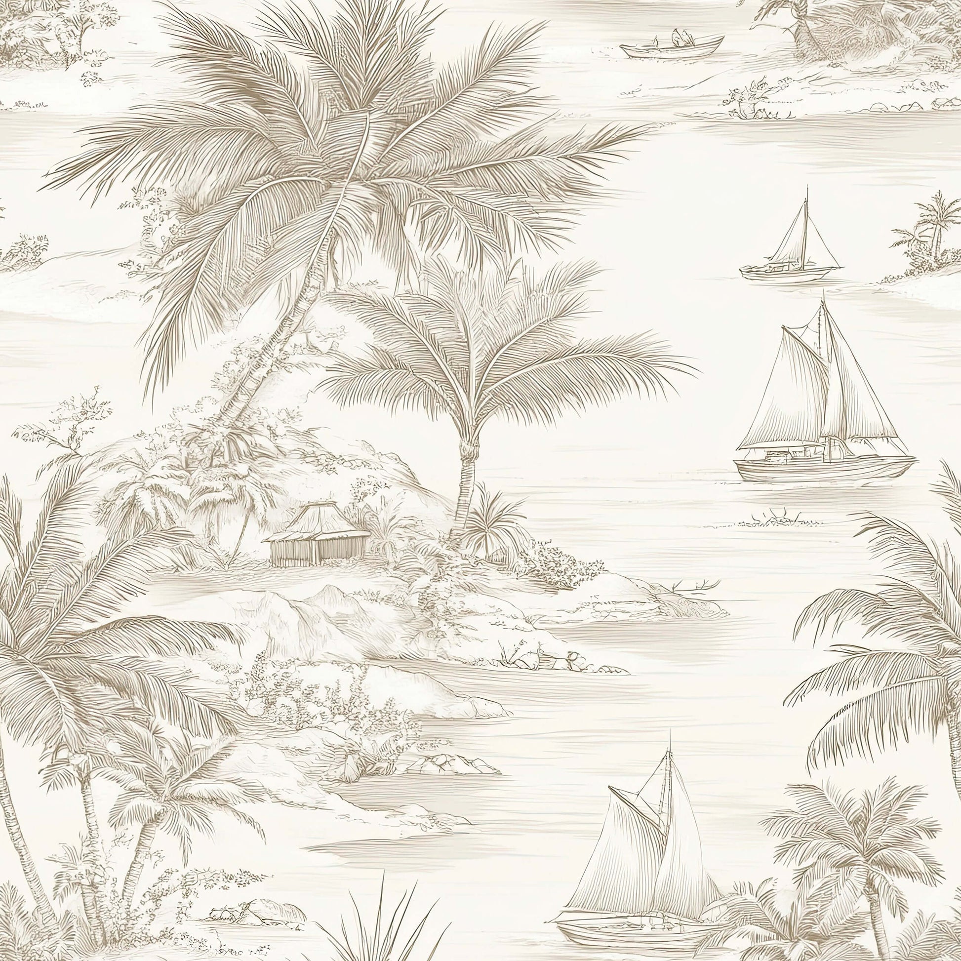 Toile-style wallpaper featuring sailboats, palm trees, and coastal huts in soft neutrals for a French toile beach aesthetic.