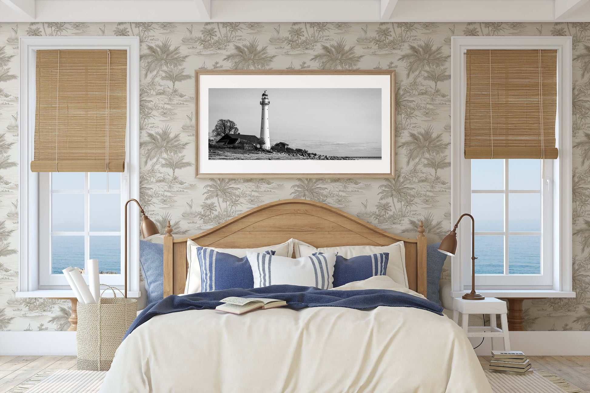 Bedroom featuring Sail and Sand wallpaper with palm trees and coastal design, highlighting a calming beach theme and nautical decor.
