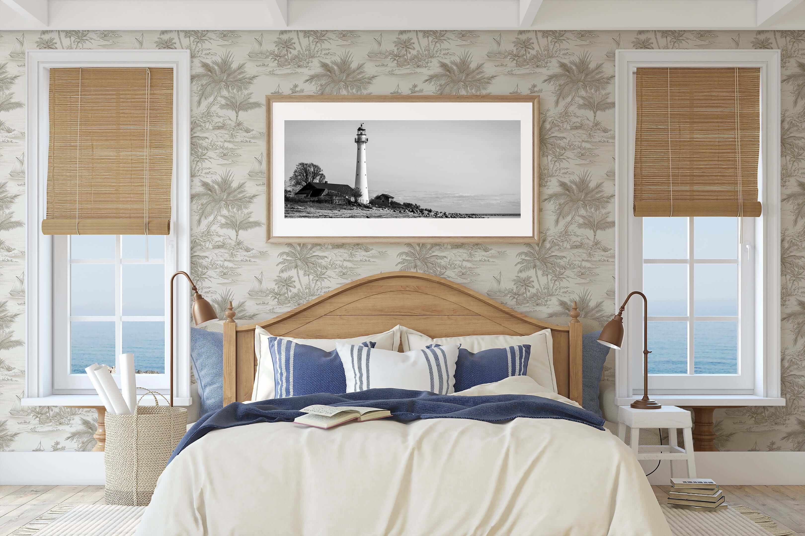 Bedroom featuring Sail and Sand wallpaper with palm trees and coastal design, highlighting a calming beach theme and nautical decor.
