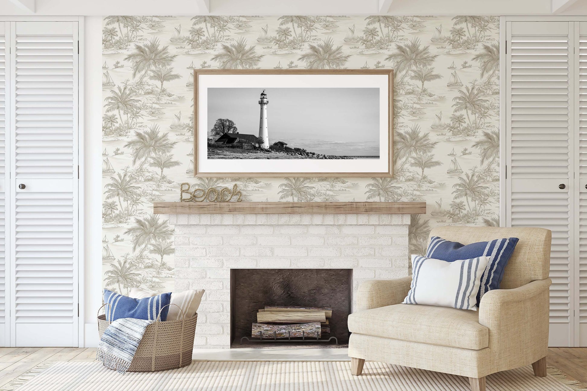 Living room with Sail and Sand wallpaper featuring palm trees and beach scene, creating a coastal and toile-inspired decor.