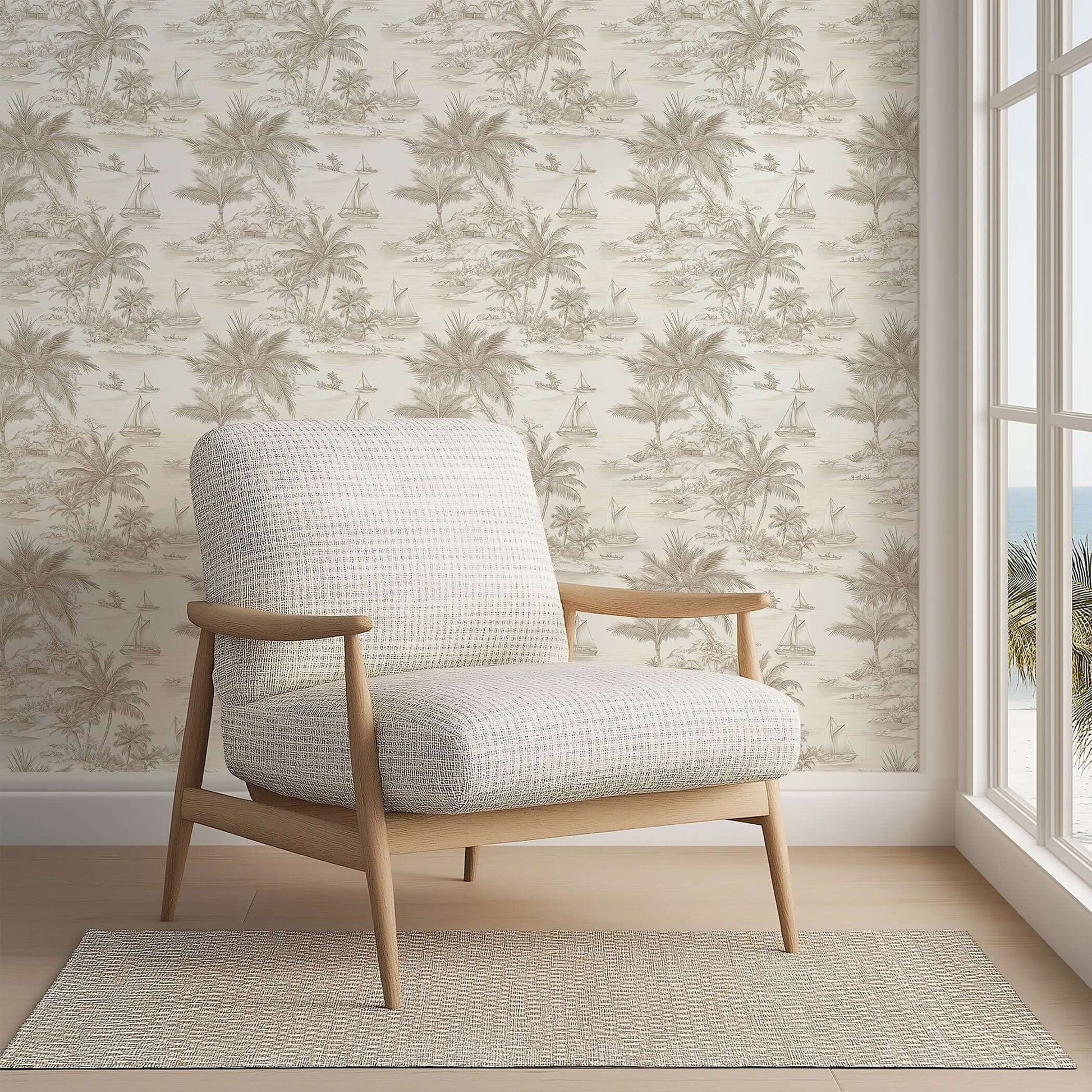 Coastal-themed room with Sail and Sand wallpaper featuring toile design of sailboats, huts, and palm trees in soft neutral tones.