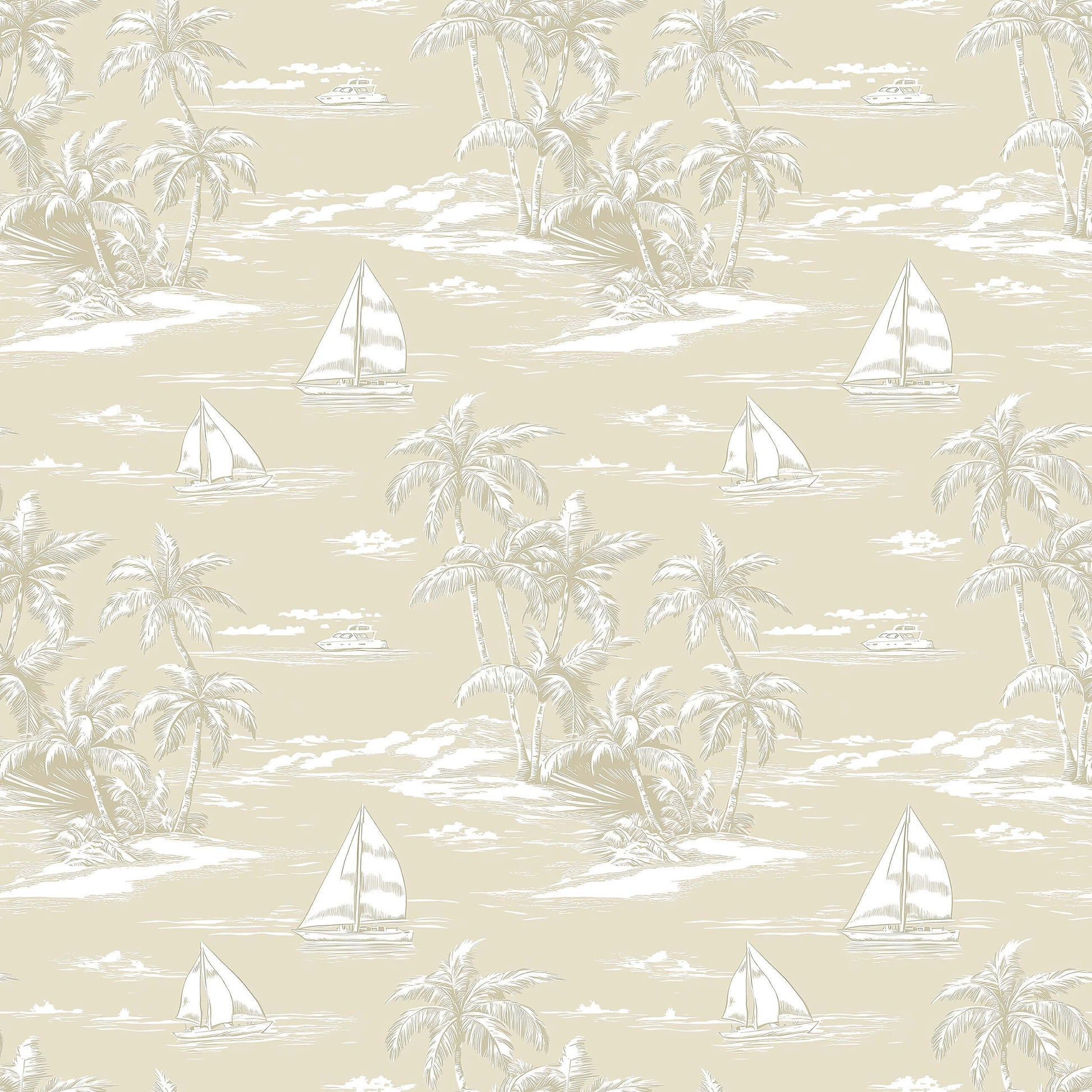 Sandy Shores wallpaper with hand-drawn sailboats, palm trees in sand hues, embodying French toile coastal style for beach-themed decor.