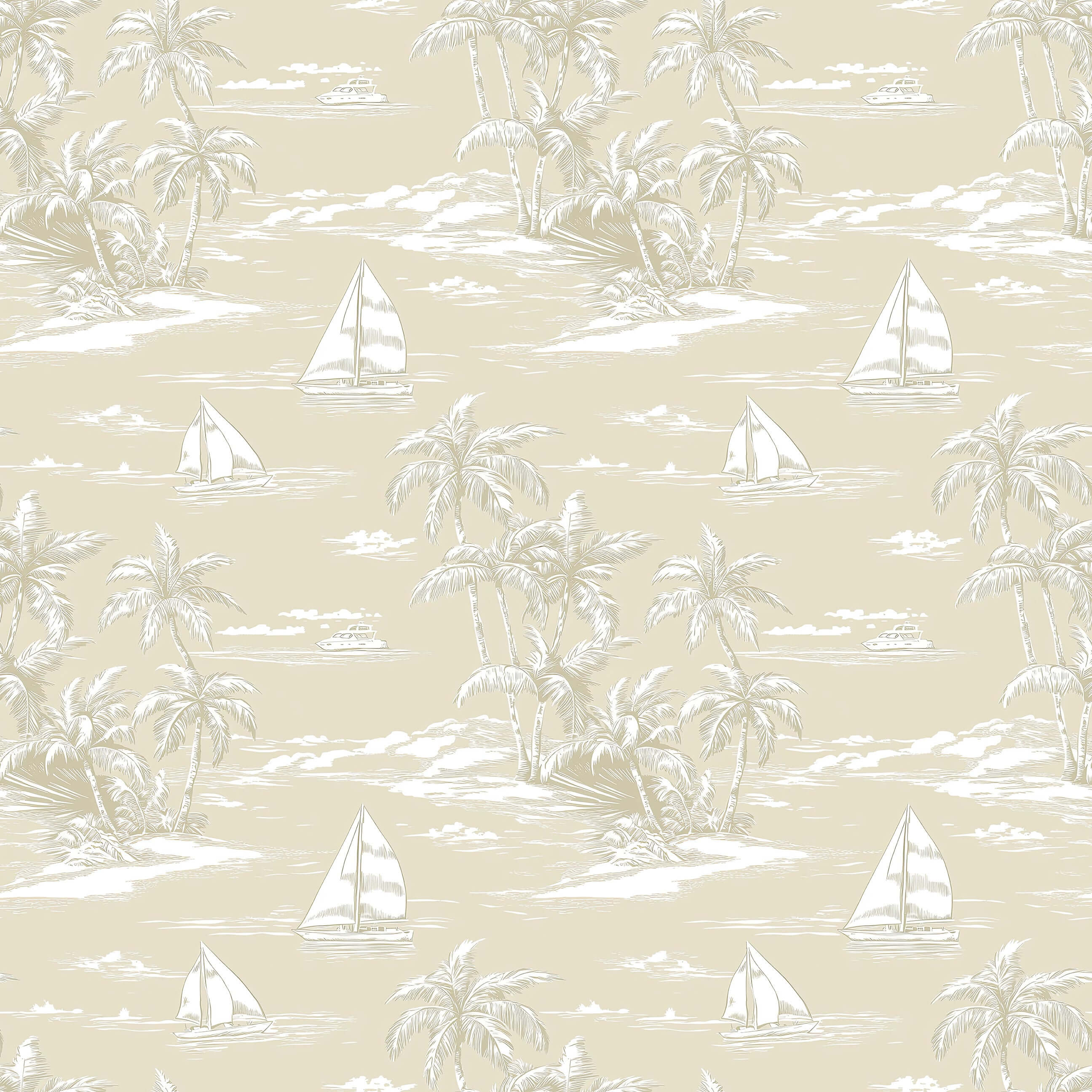 Sandy Shores wallpaper with hand-drawn sailboats, palm trees in sand hues, embodying French toile coastal style for beach-themed decor.