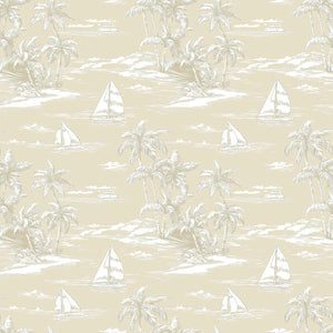 Sandy Shores wallpaper with hand-drawn sailboats, palm trees in sand hues, embodying French toile coastal style for beach-themed decor.
