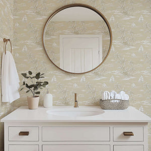 Bathroom with 'Sandy Shores' coastal wallpaper featuring toile sailboats, palm trees, and soothing beach hues creating a serene ambiance.