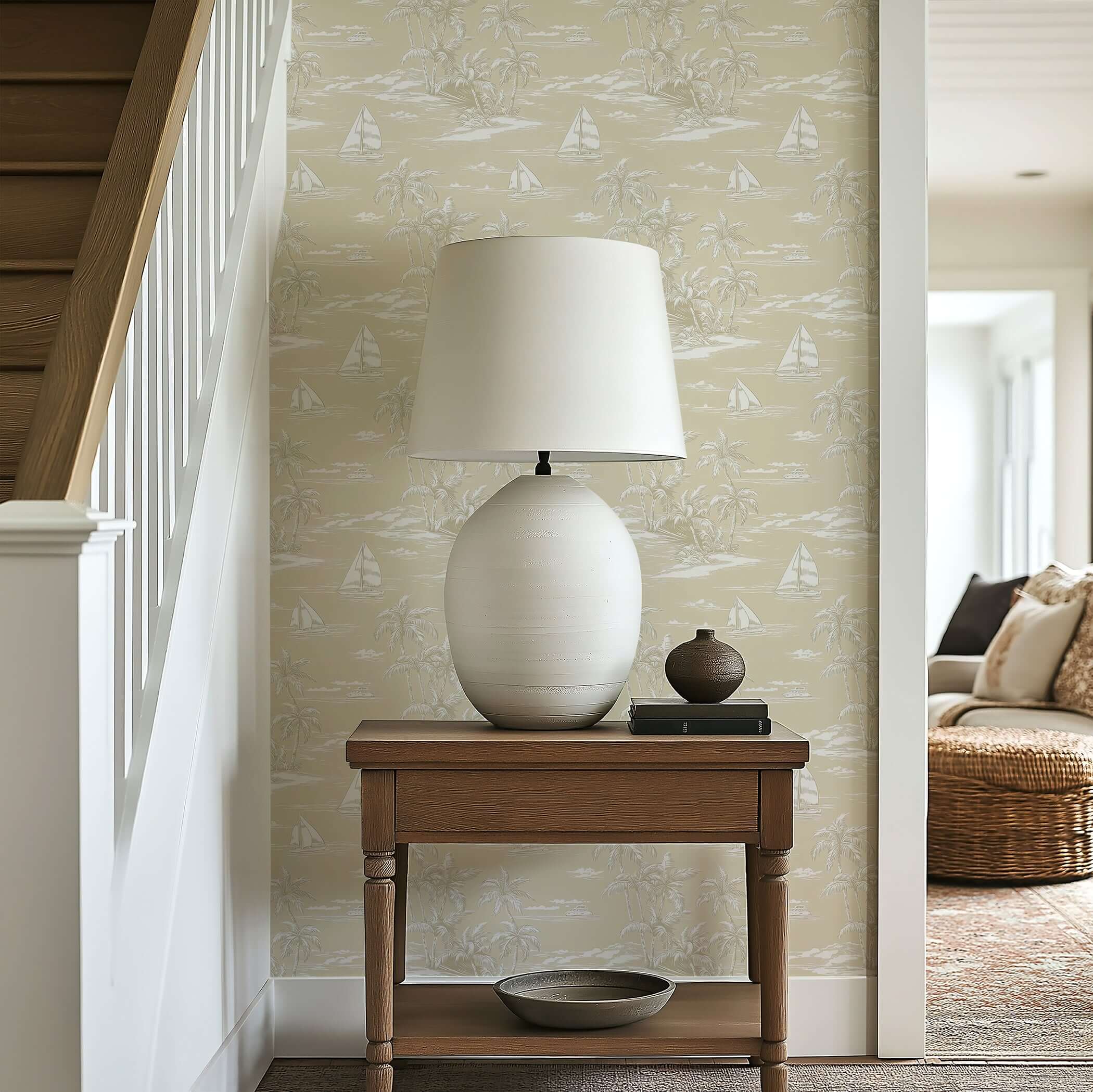 Sandy Shores coastal wallpaper with sailboats and palm trees adds a beachy french toile touch to this serene interior wall decor.