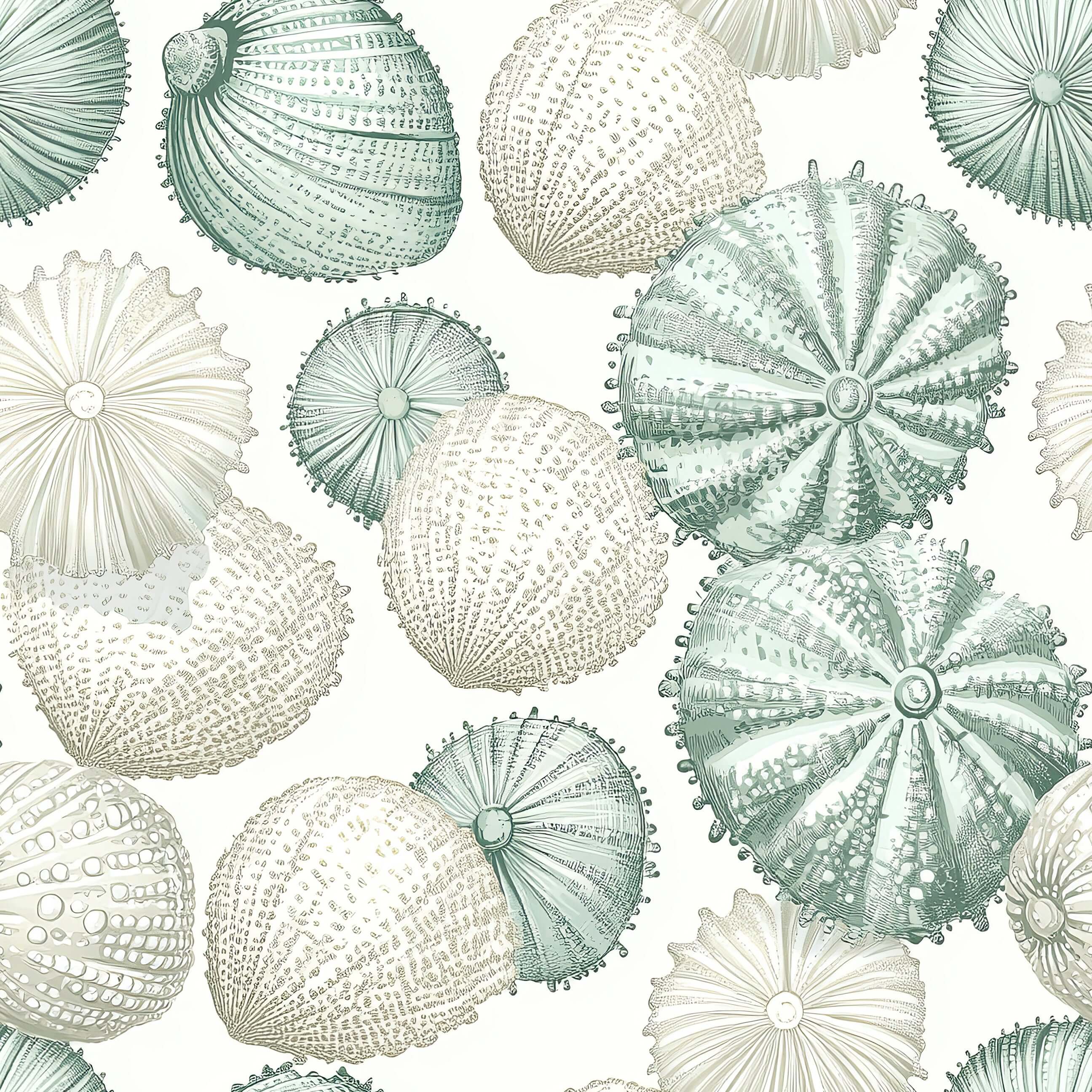 "Ocean Jewels wallpaper showcasing sea urchins and seashells in soft green, cream, blue tones; perfect for coastal design."