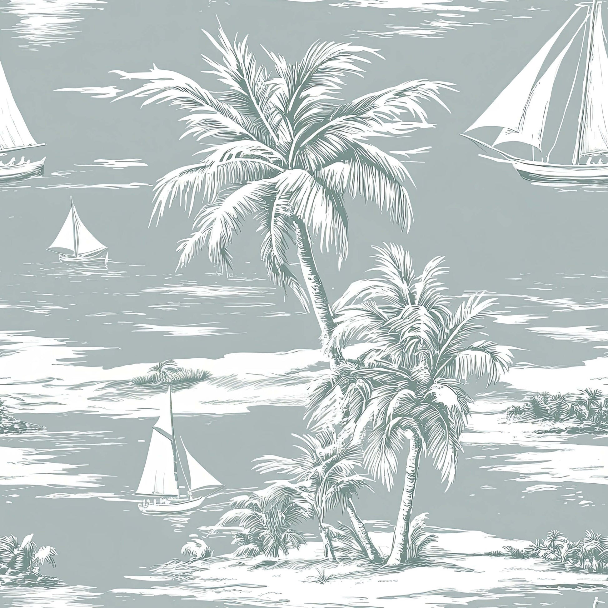 Seafoam Shores wallpaper featuring boats, palm trees on ocean backdrop for coastal elegance.