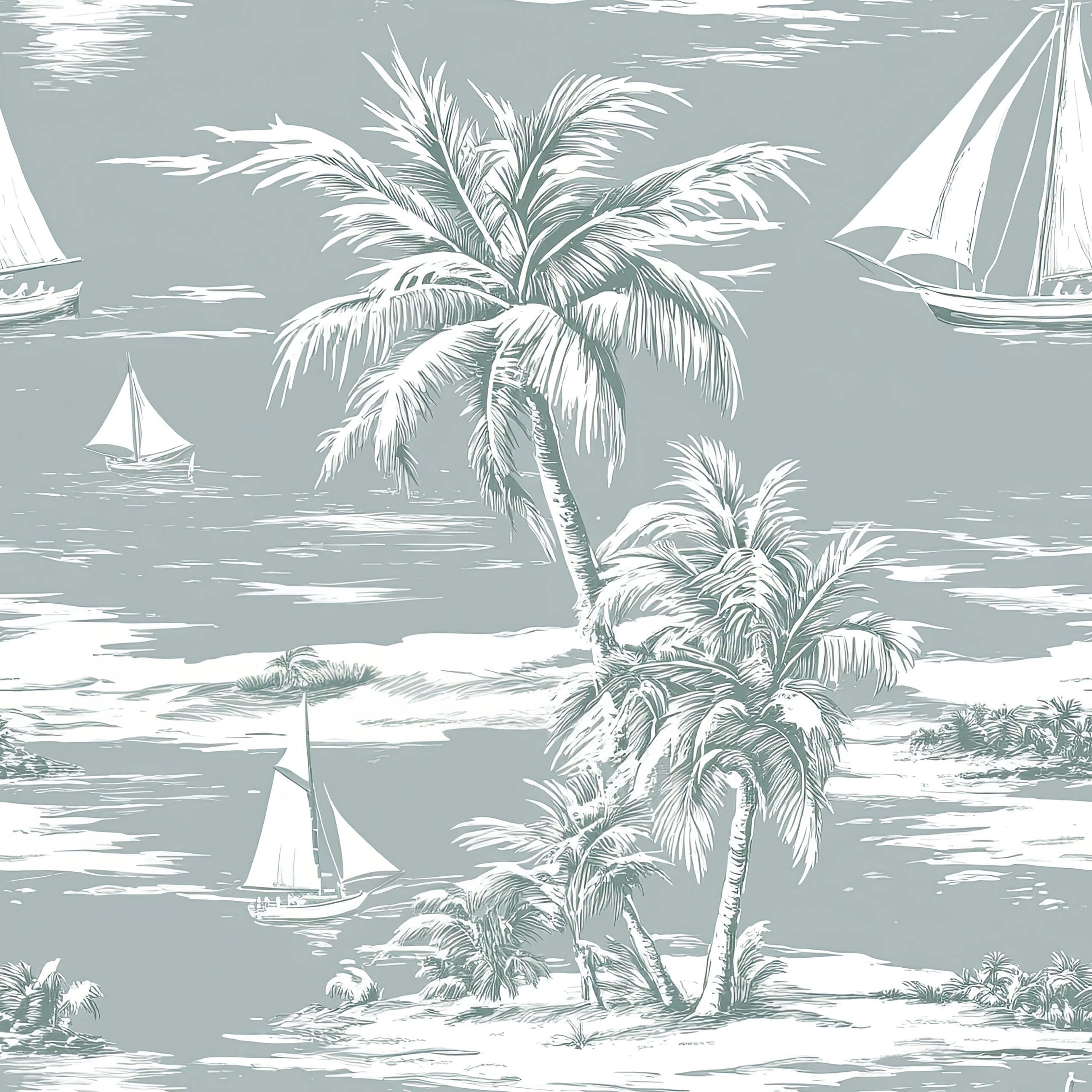 Seafoam Shores wallpaper featuring boats, palm trees on ocean backdrop for coastal elegance.