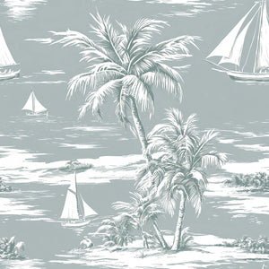 Seafoam Shores wallpaper featuring boats, palm trees on ocean backdrop for coastal elegance.