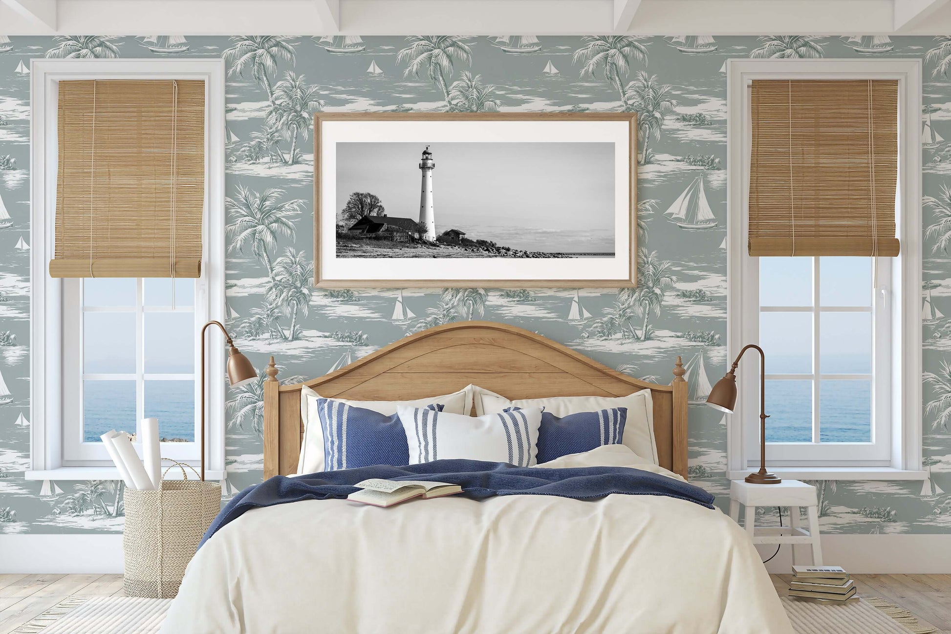 Seafoam Shores wallpaper featuring sailboats and palm trees in a coastal bedroom with a view of the ocean, enhancing nautical elegance.