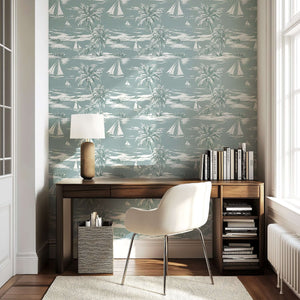 Seafoam Shores wallpaper with sailboats and palm trees on a seafoam green background, perfect for coastal and nautical-themed decor.