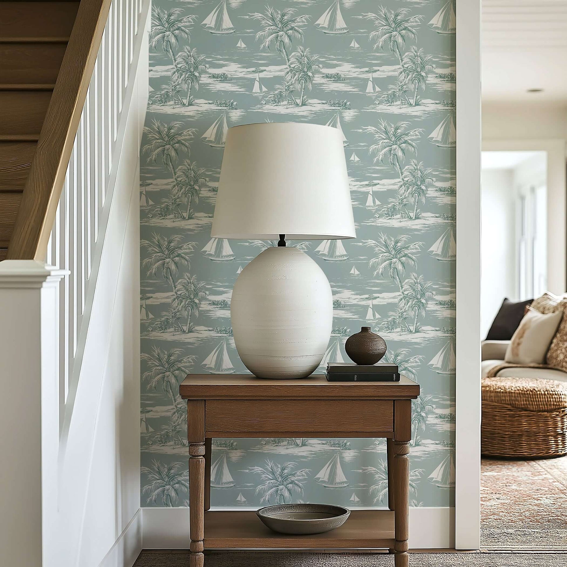 Seafoam Shores Wallpaper with sailboats and palm trees on a seafoam background, enhancing coastal and nautical decor.