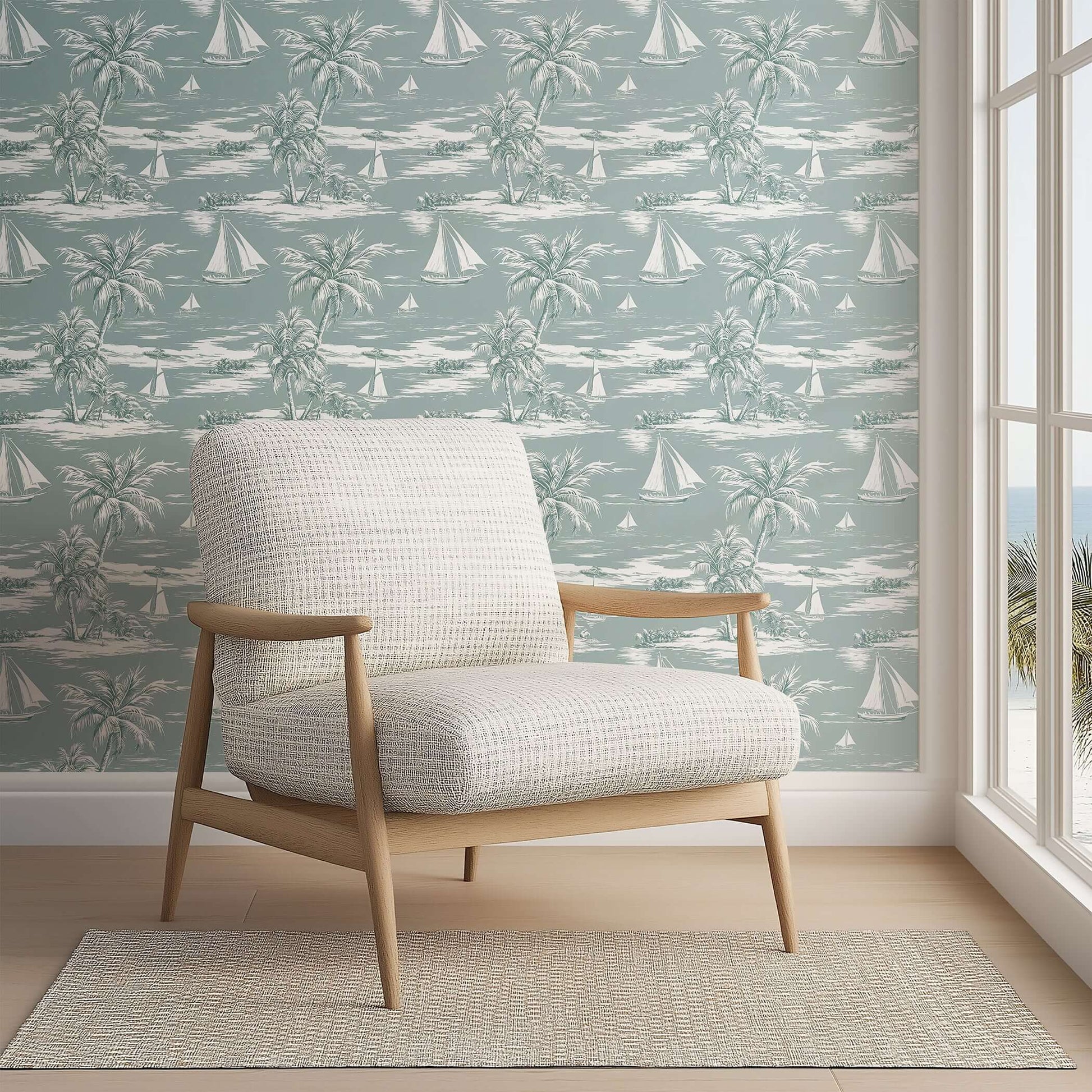 Seafoam Shores wallpaper featuring sailboats and palm trees, perfect for coastal decor, with a modern chair in the foreground.