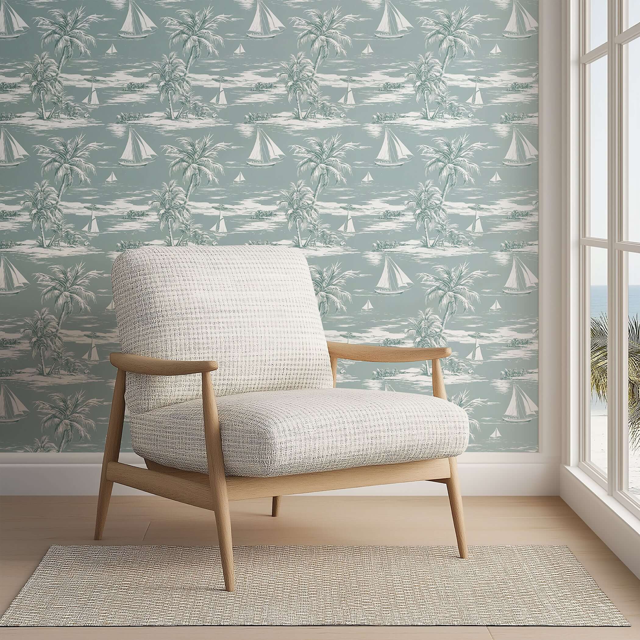Seafoam Shores wallpaper featuring sailboats and palm trees, perfect for coastal decor, with a modern chair in the foreground.