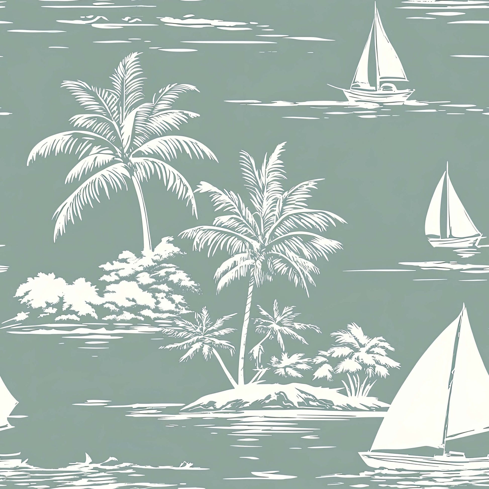 Coastal wallpaper with sailboats, palm trees, and ocean design in seafoam green and white. Perfect for nautical-themed decor.