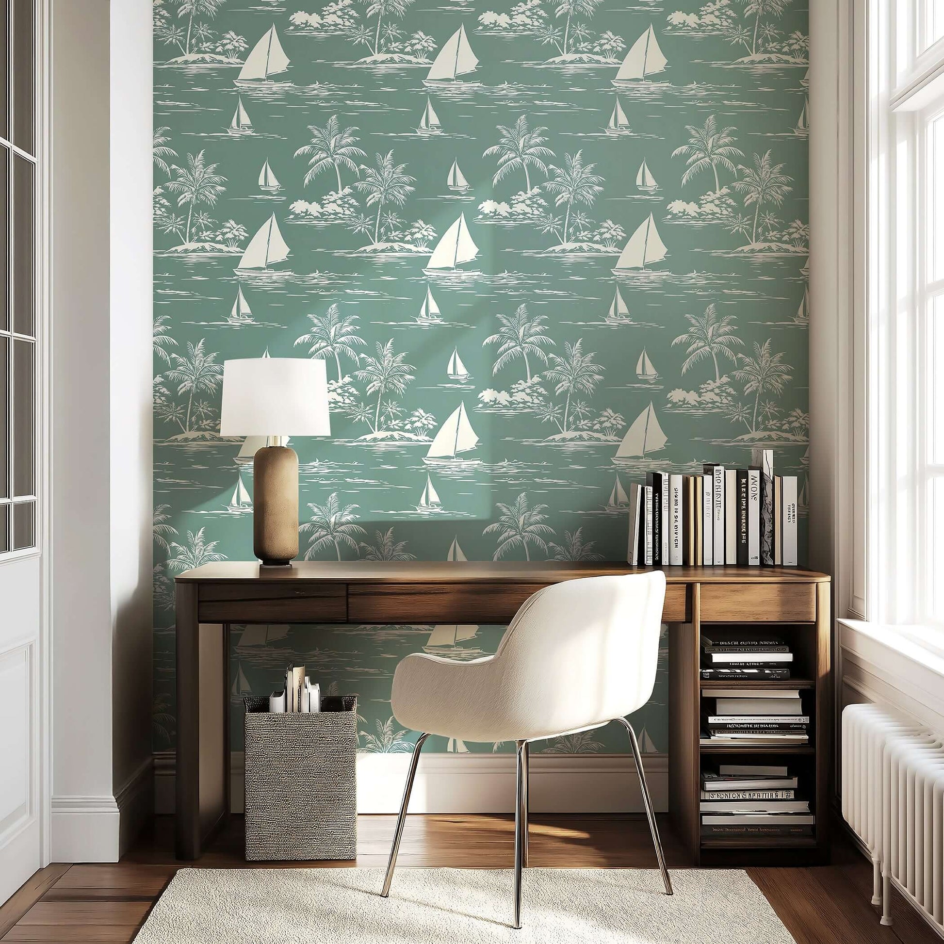 Bayside Escape wallpaper with boats and palm trees, featuring a coastal toile design in seafoam green and white for nautical-themed decor.