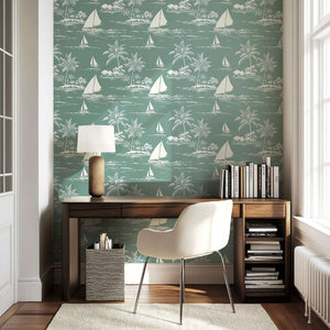 Bayside Escape wallpaper with boats and palm trees, featuring a coastal toile design in seafoam green and white for nautical-themed decor.