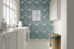Bayside Escape coastal wallpaper featuring boats and palm trees in a serene bathroom setting. Nautical design with ocean theme.