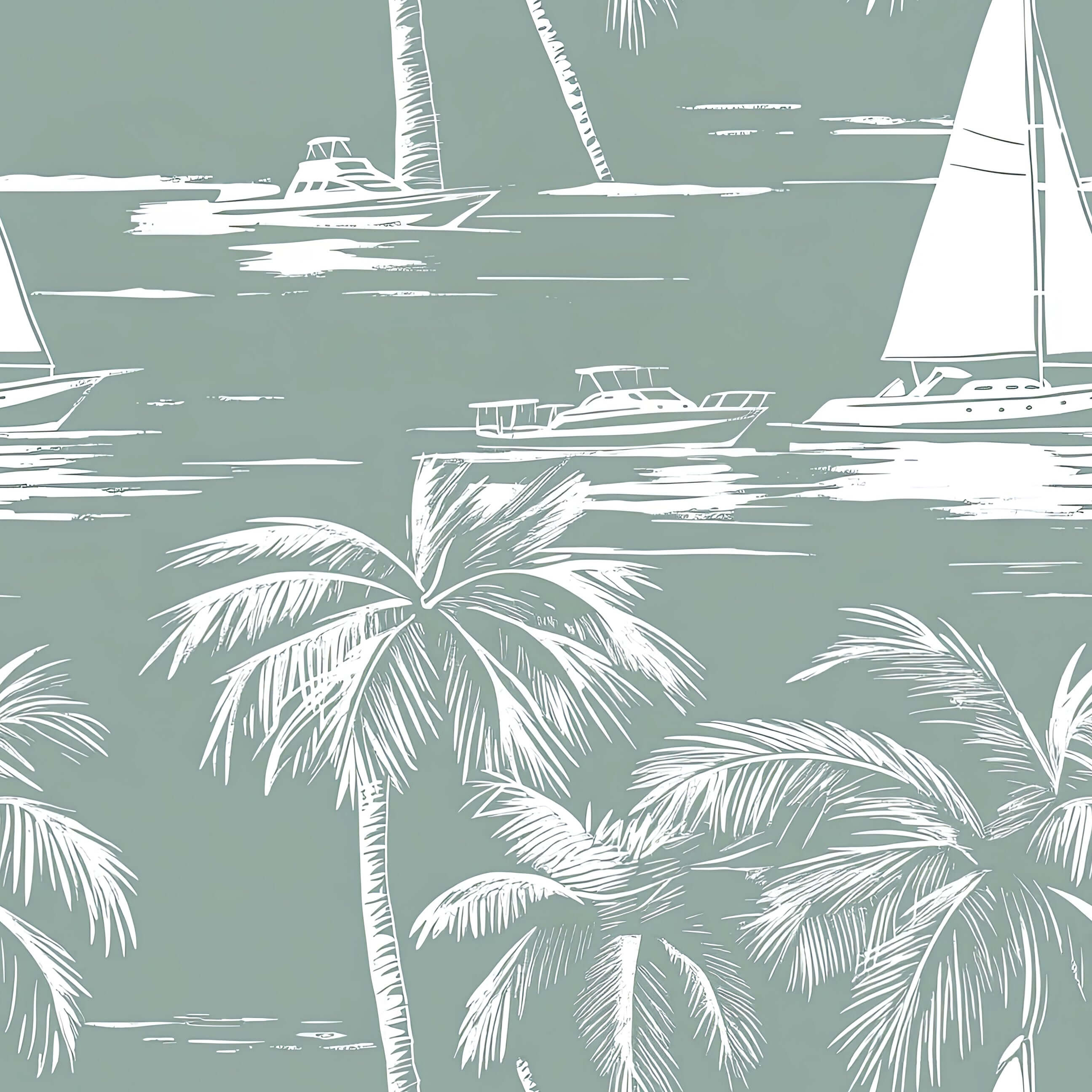 Seafoam green wallpaper with white palm trees, sailboats, and yachts, perfect for coastal and nautical-themed interiors.
