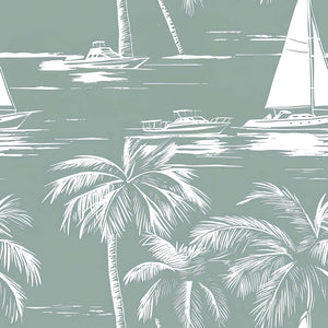 Seafoam green wallpaper with white palm trees, sailboats, and yachts, perfect for coastal and nautical-themed interiors.