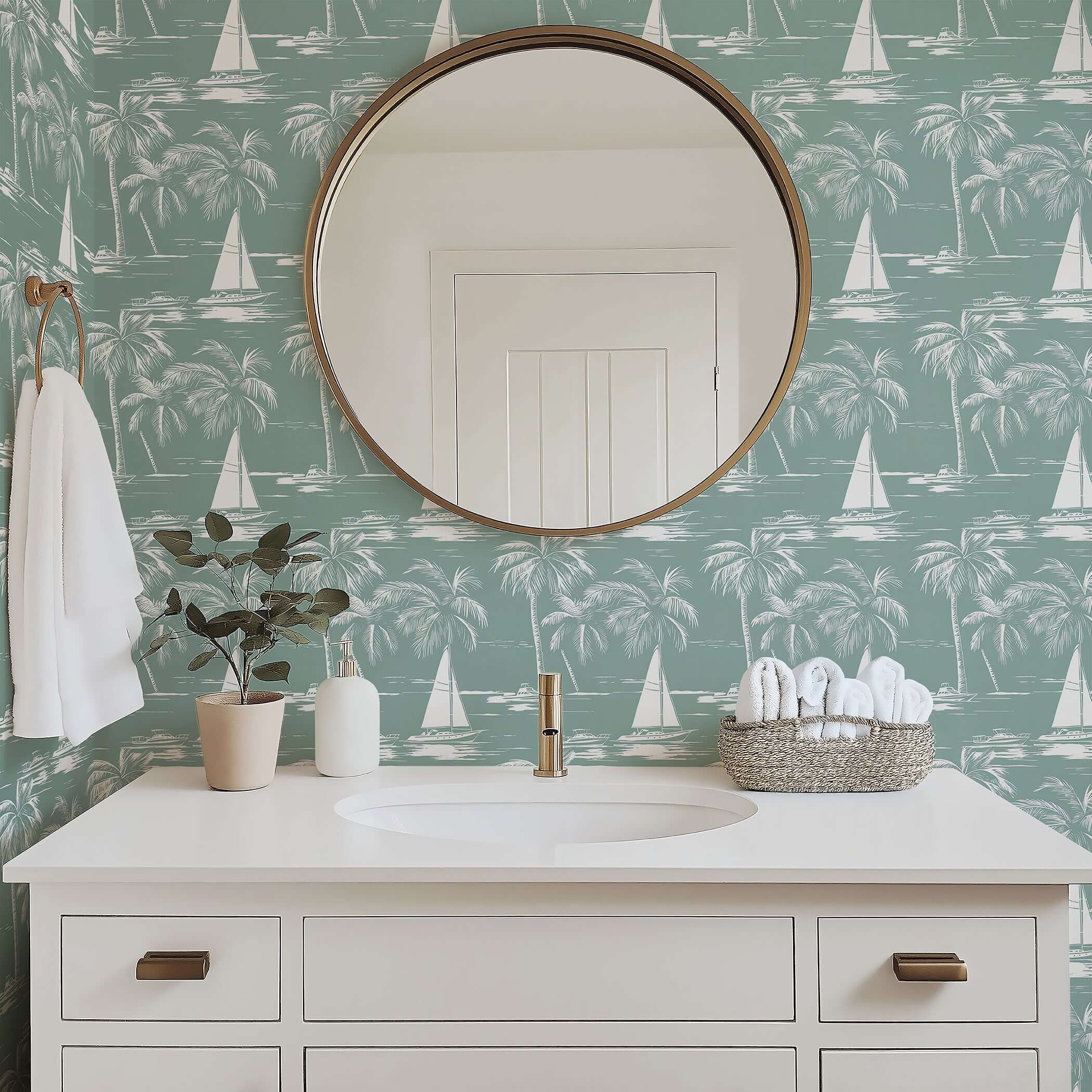 Serene bathroom with Harbor Escape wallpaper featuring boats, palm trees, and coastal silhouettes in calming seafoam green tones.
