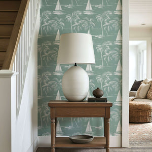 Seafoam green wallpaper with boats, yachts, and palm trees; perfect for coastal or nautical interiors. "Harbor Escape" design.