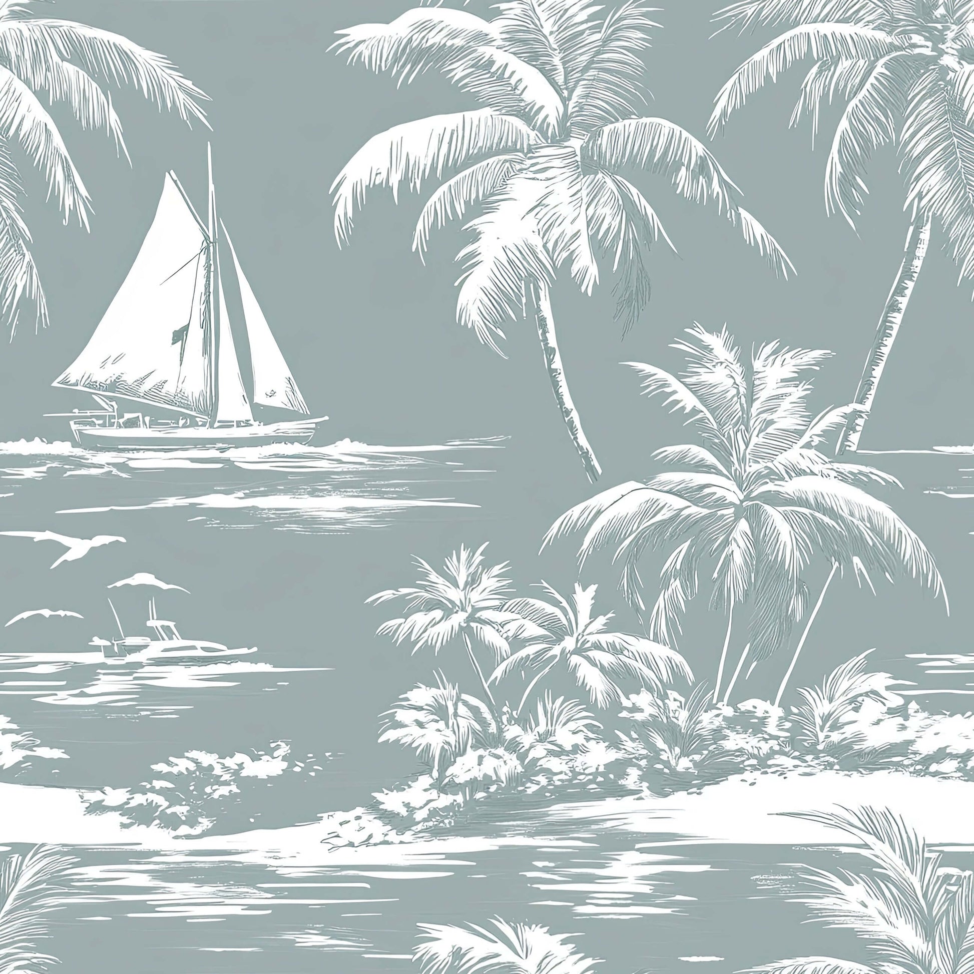 Lagoon Tranquility wallpaper featuring sailboats, palm trees, and ocean scenery in a coastal toile design for tranquil home decor.