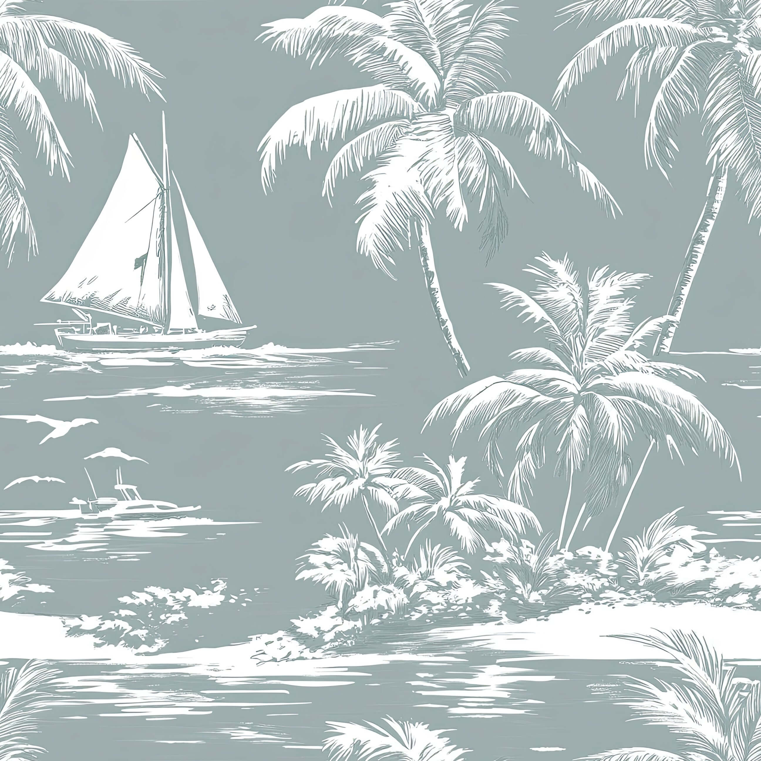 Lagoon Tranquility wallpaper featuring sailboats, palm trees, and ocean scenery in a coastal toile design for tranquil home decor.