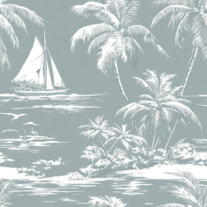 Lagoon Tranquility wallpaper featuring sailboats, palm trees, and ocean scenery in a coastal toile design for tranquil home decor.