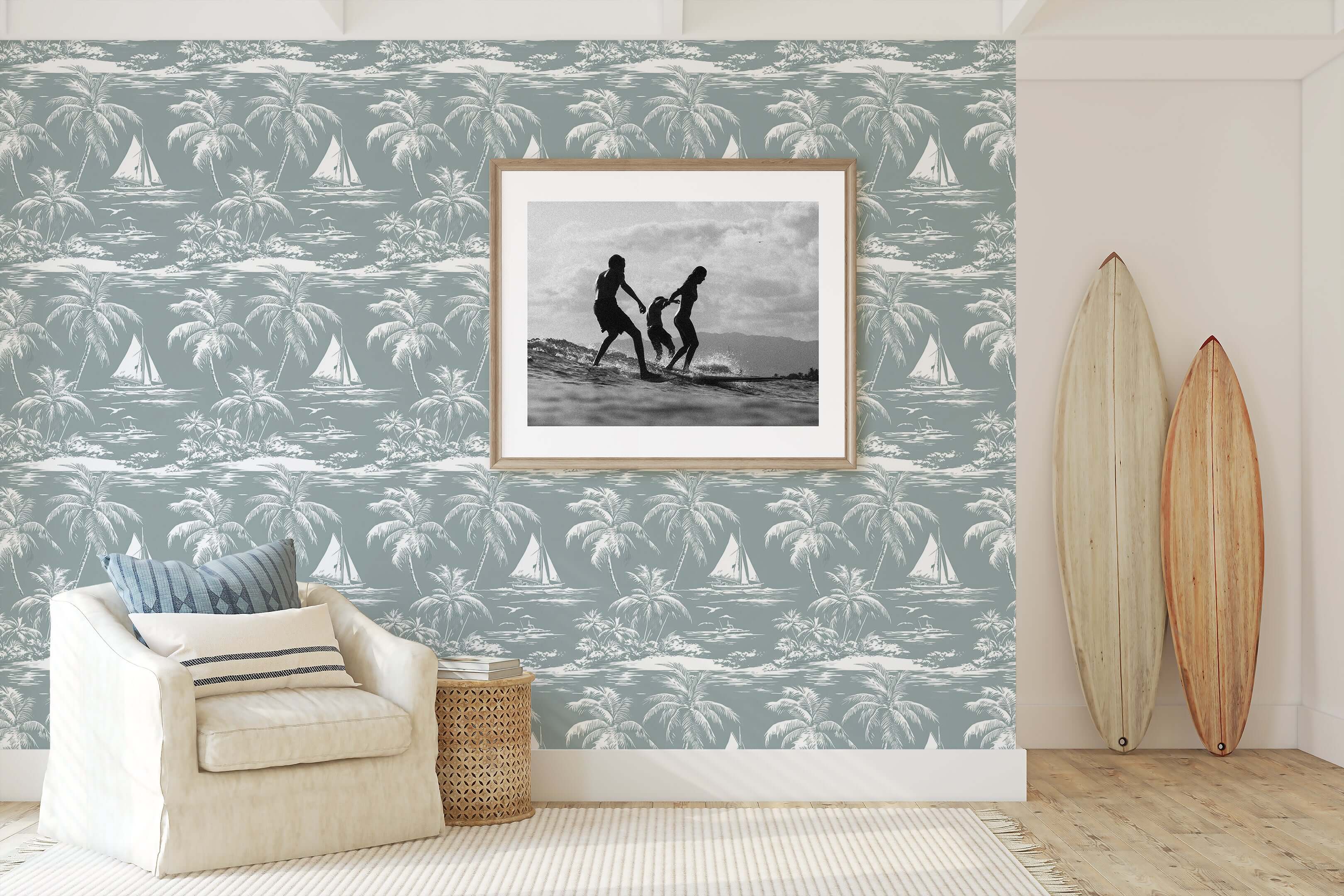 Lagoon Tranquility coastal wallpaper featuring palm trees and sailboats, perfect for a serene, modern living space with ocean vibe.
