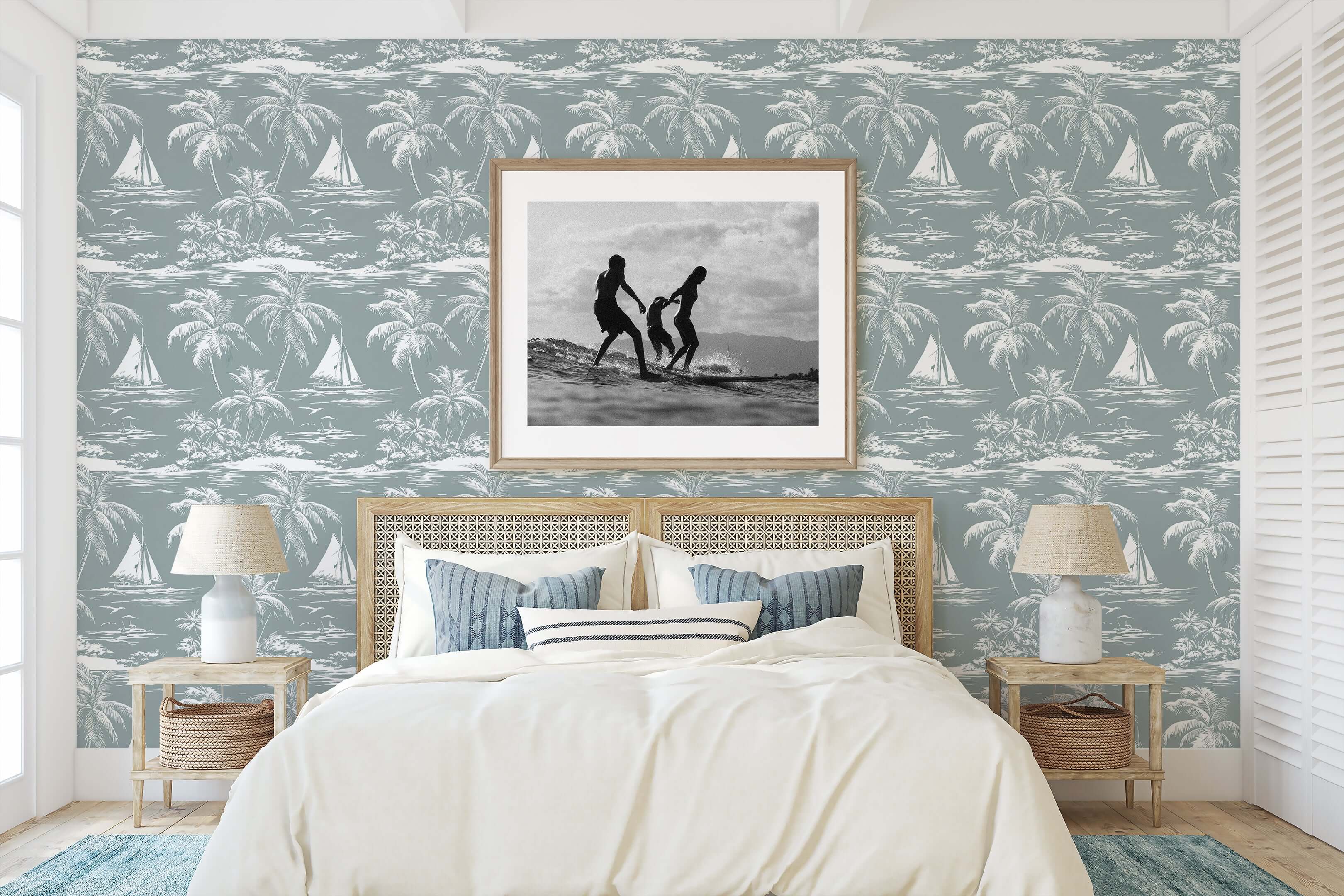 Lagoon Tranquility wallpaper featuring palm trees and sailboats, adding coastal elegance to bedroom decor with boating and ocean vibes.