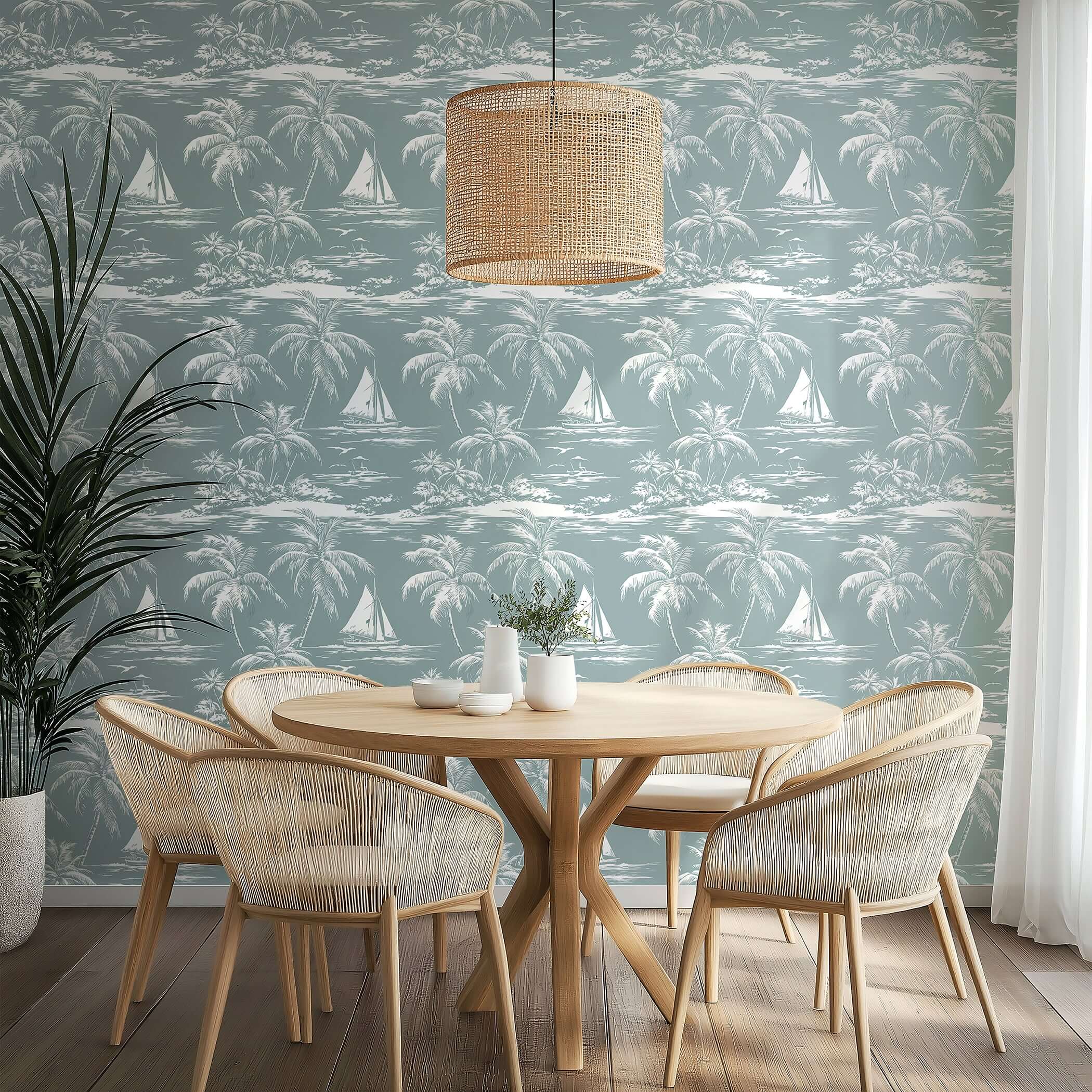 Coastal wallpaper with palm trees and boats, Lagoon Tranquility pattern, enhances a dining area with ocean and harbor charm.