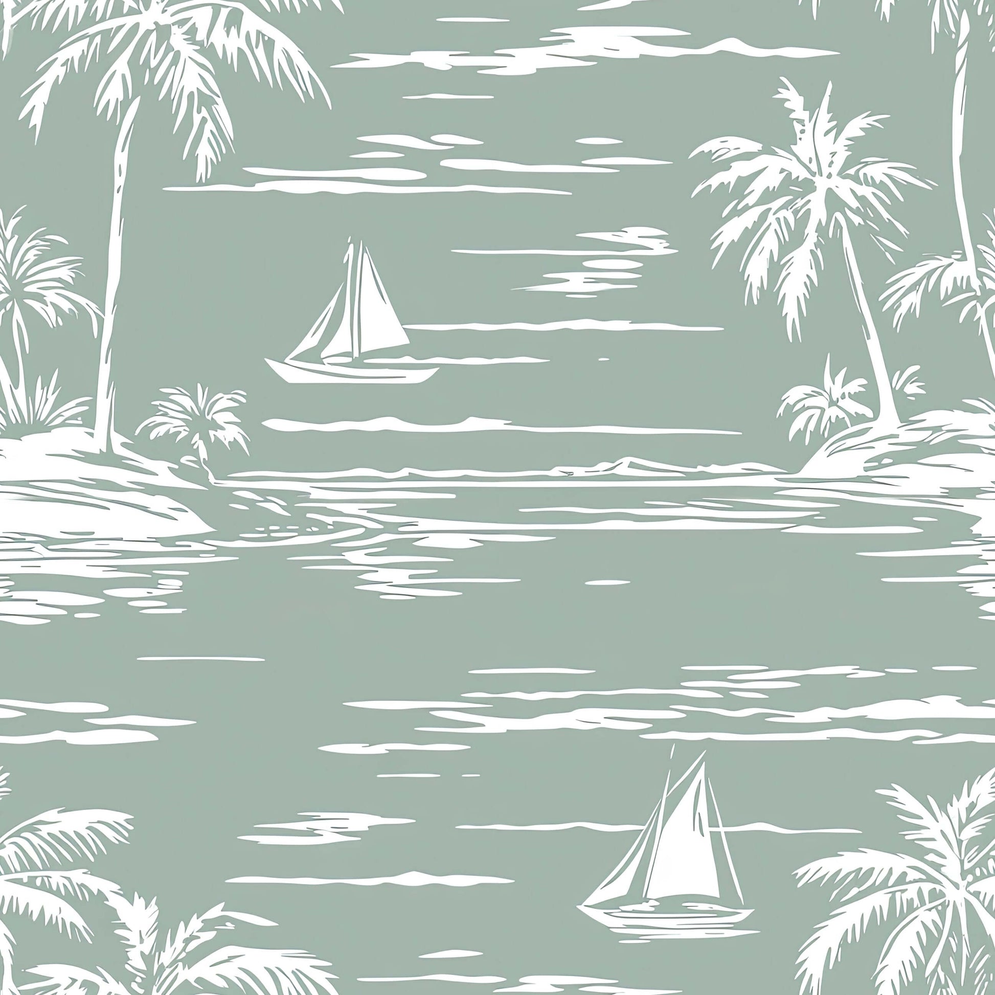 Sage green wallpaper with serene sailboats and palm trees, ideal for coastal themes. Features ocean, harbor, boating, and toile designs.