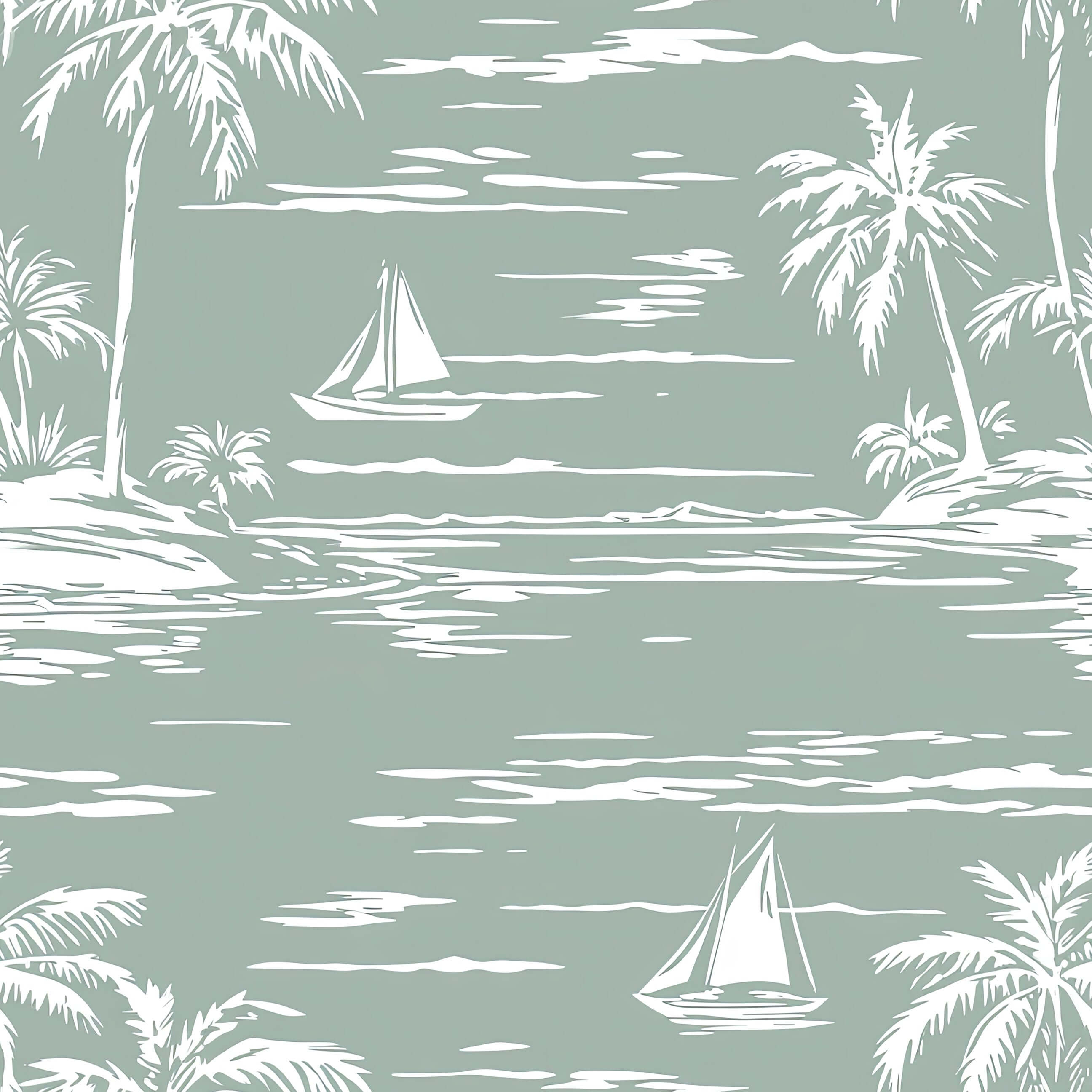 Sage green wallpaper with serene sailboats and palm trees, ideal for coastal themes. Features ocean, harbor, boating, and toile designs.