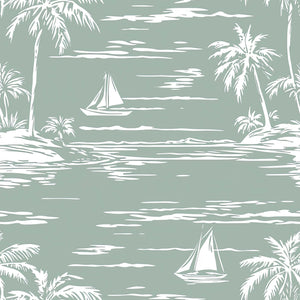 Sage green wallpaper with serene sailboats and palm trees, ideal for coastal themes. Features ocean, harbor, boating, and toile designs.