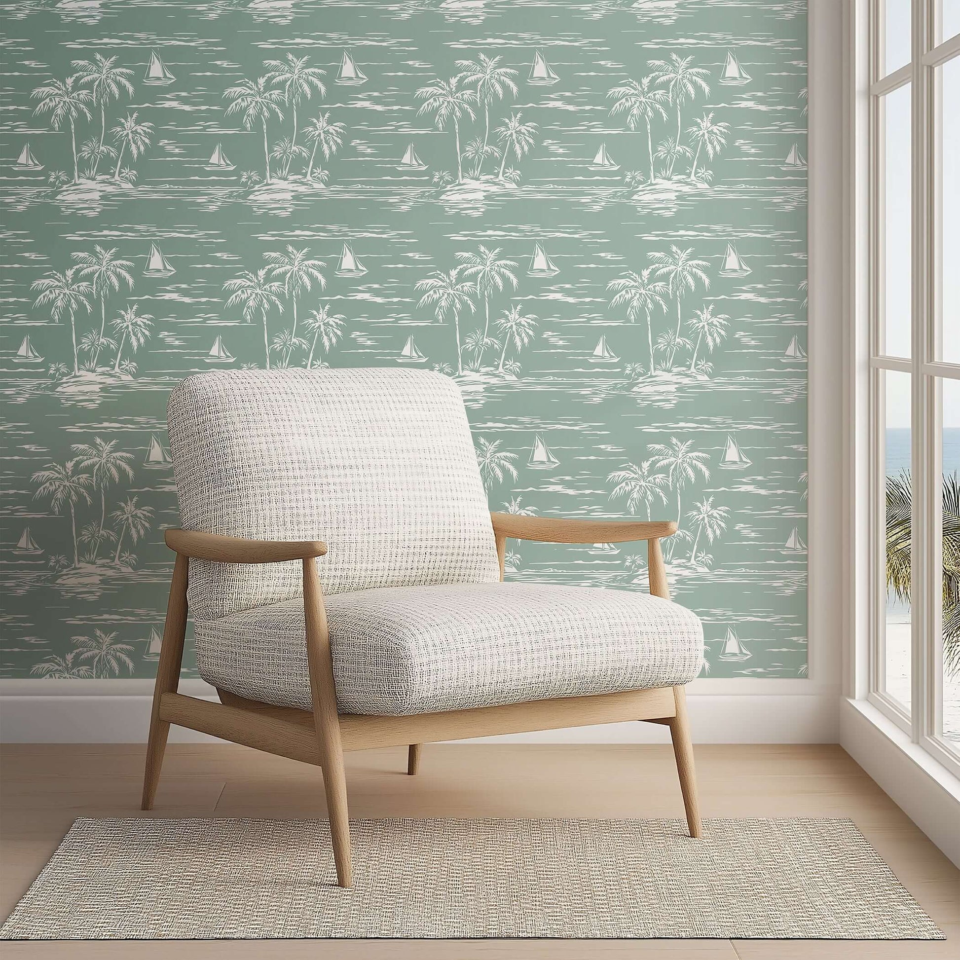 Sage green coastal wallpaper featuring sailboats and palm trees, perfect for beach-themed interiors, with a modern chair in front.