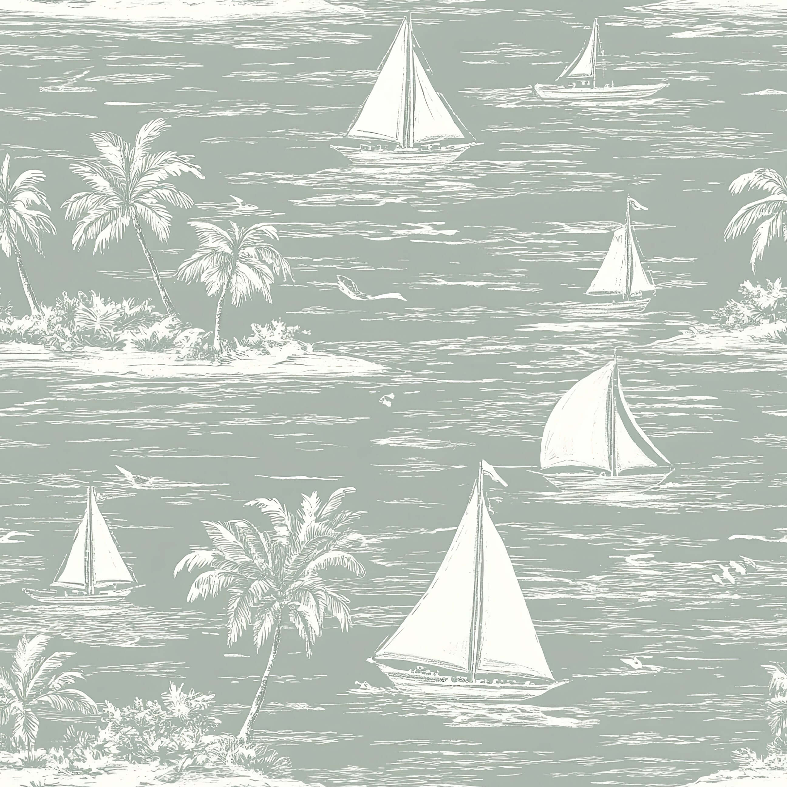 Sailboats and palm trees on a seafoam background, Harbor Calm Wallpaper. Coastal, boats, boating, harbor, ocean, toile design.