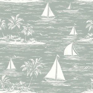 Sailboats and palm trees on a seafoam background, Harbor Calm Wallpaper. Coastal, boats, boating, harbor, ocean, toile design.