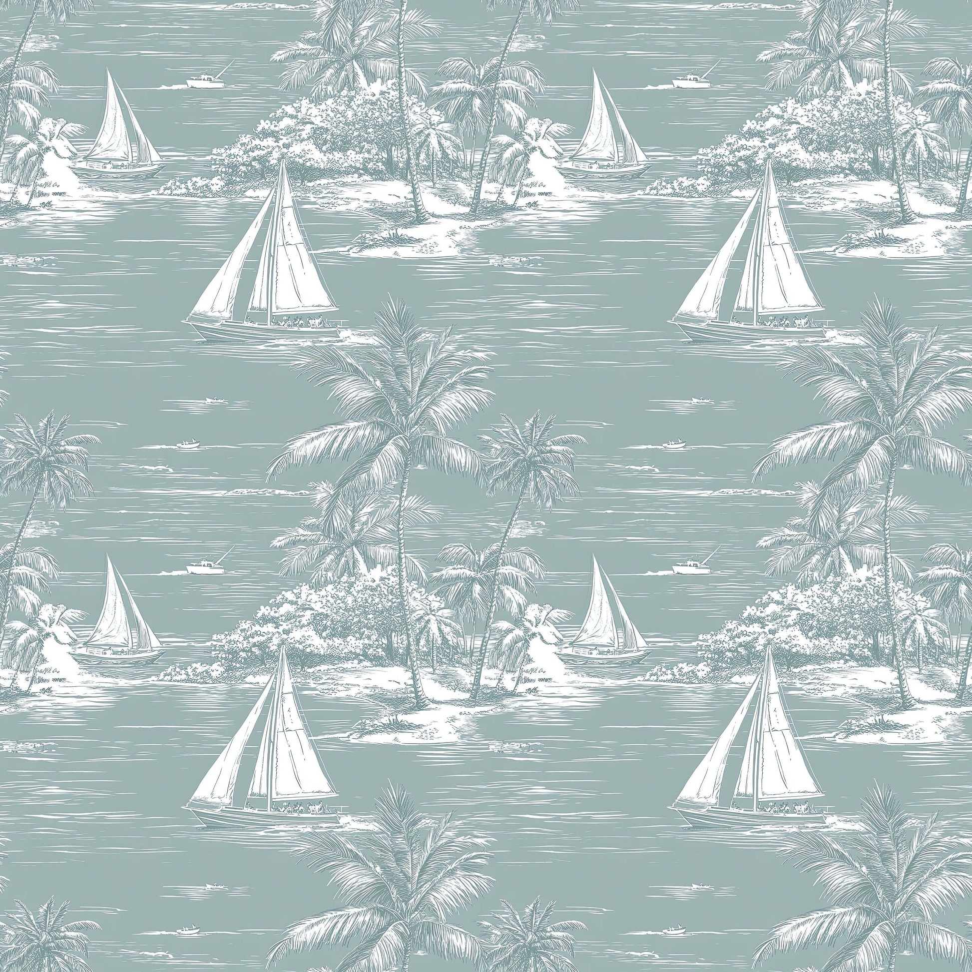 Lagoon Views wallpaper features sailboats, palm trees, and tranquil scenes, ideal for a coastal-themed room with ocean and boating motifs.