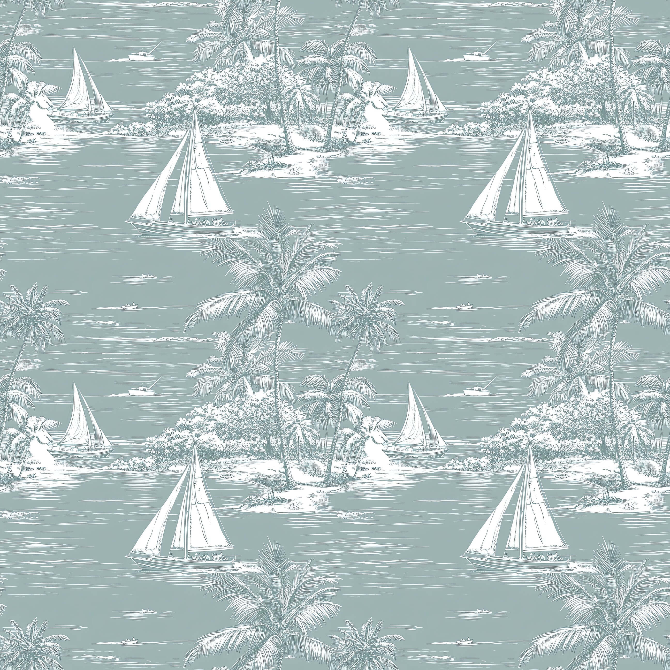 Lagoon Views wallpaper features sailboats, palm trees, and tranquil scenes, ideal for a coastal-themed room with ocean and boating motifs.