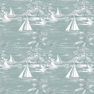 Lagoon Views wallpaper features sailboats, palm trees, and tranquil scenes, ideal for a coastal-themed room with ocean and boating motifs.