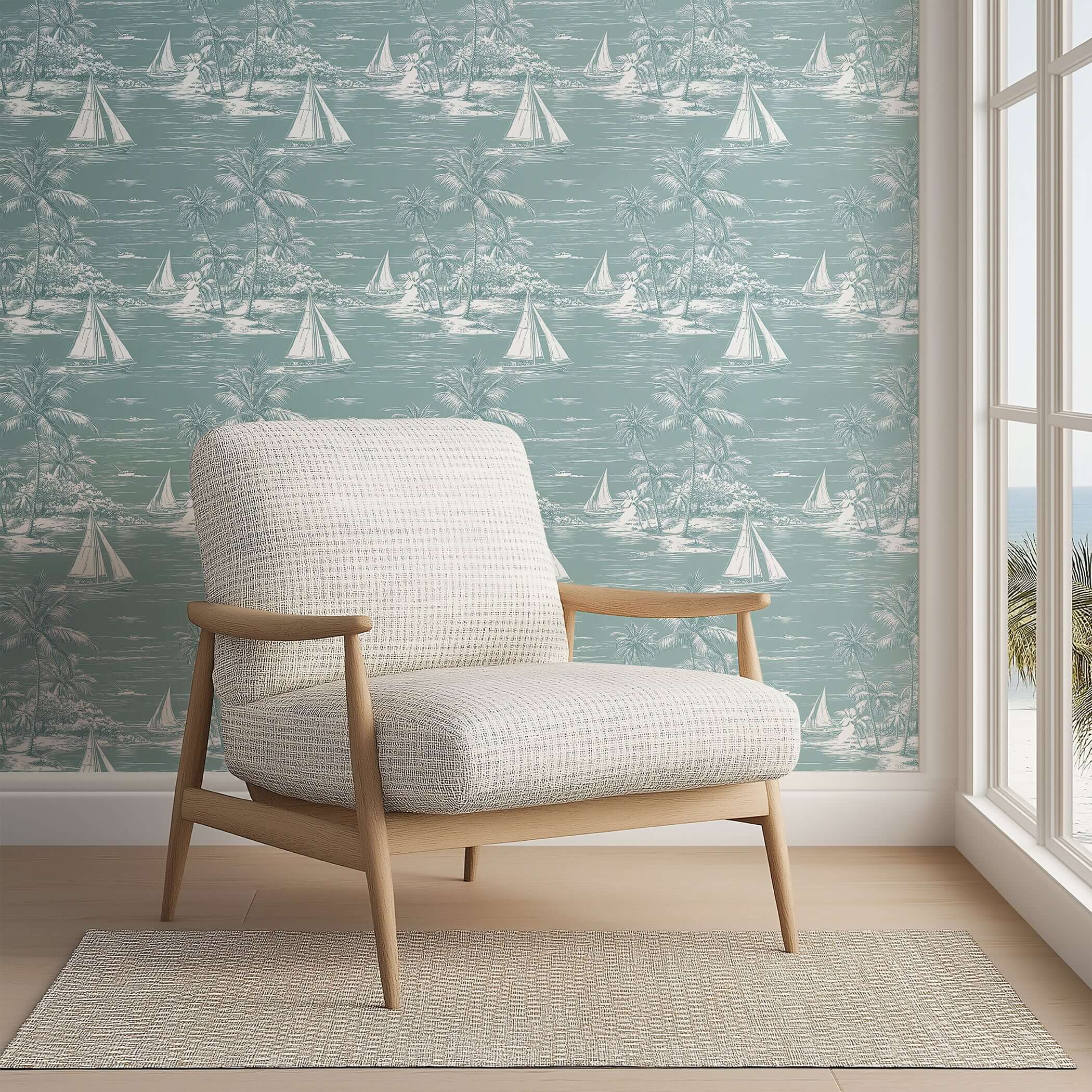 Lagoon Views wallpaper with sailboats and palm trees, creating a coastal atmosphere in a room featuring an armchair by Wall Artifacts.