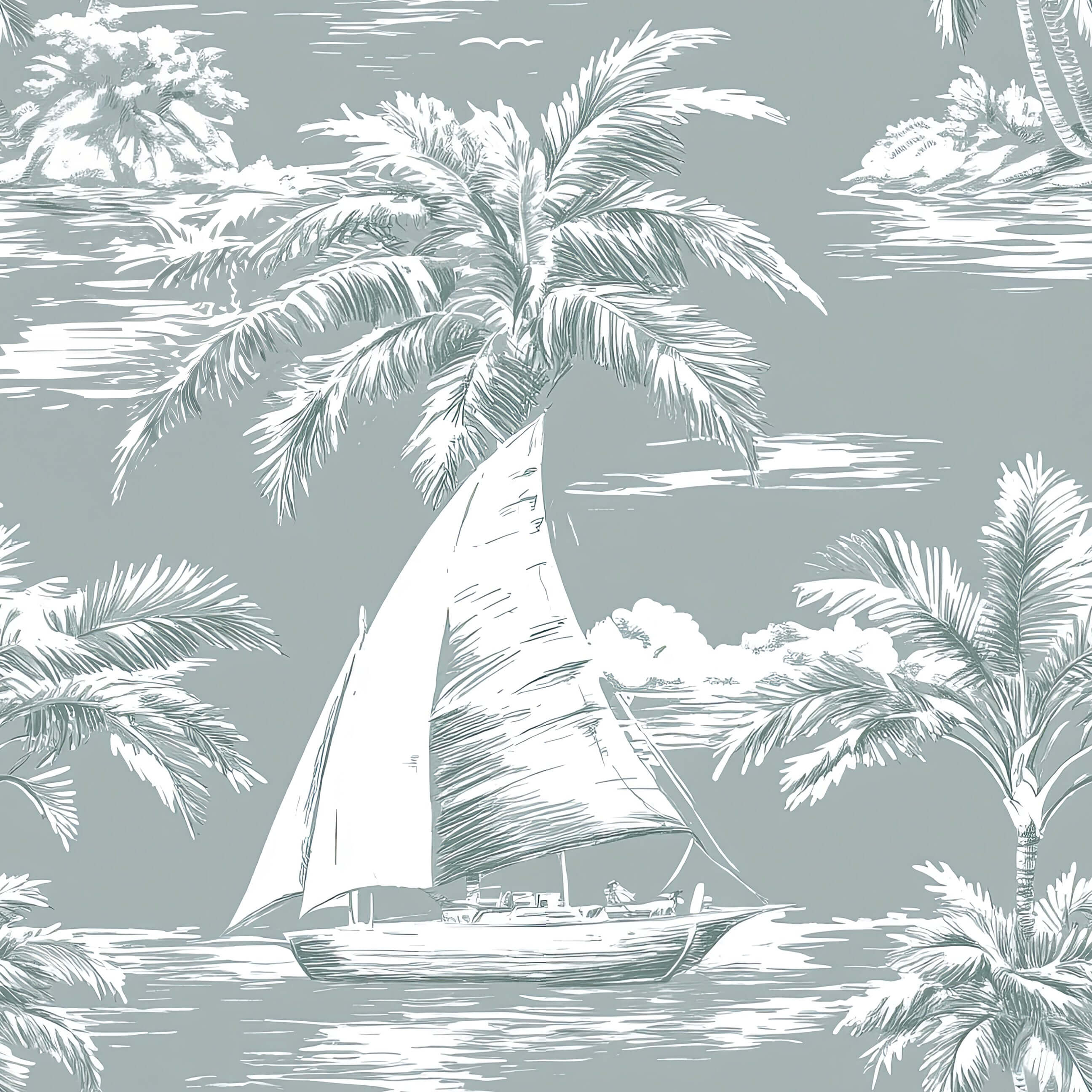 Coastal Dreamscape Wallpaper with sailboats, palm trees, and ocean theme by Wall Artifacts, perfect for coastal interiors.